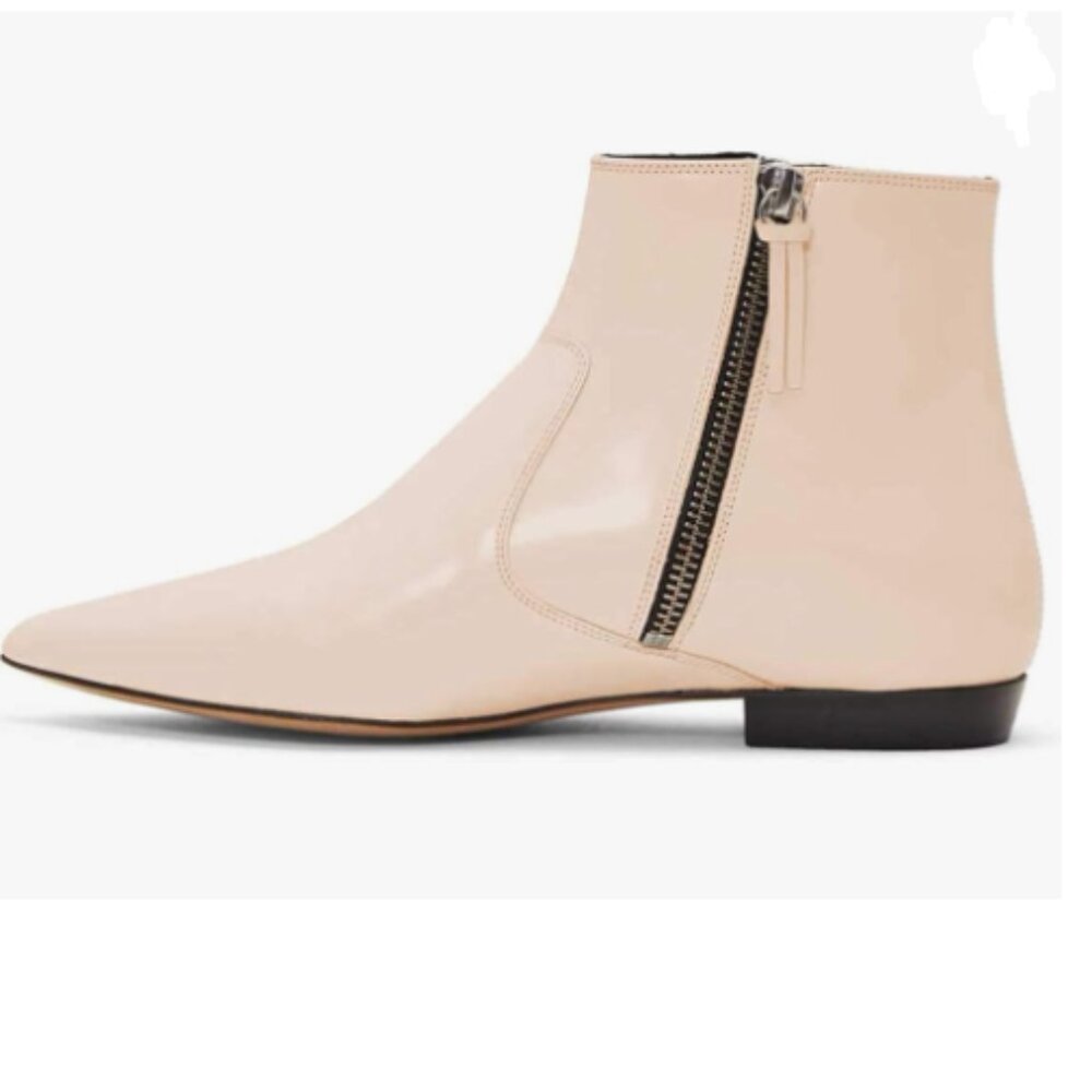 XYD Beige Pointed Toe Ankle Boots Low Heel Dress Shoes with Double Side Zippers